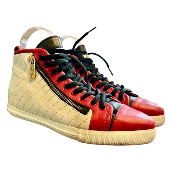Miu Miu Shoes - Miu Miu Prada Red White & Black Pointed Toe High Top Nappa Biker Sneakers